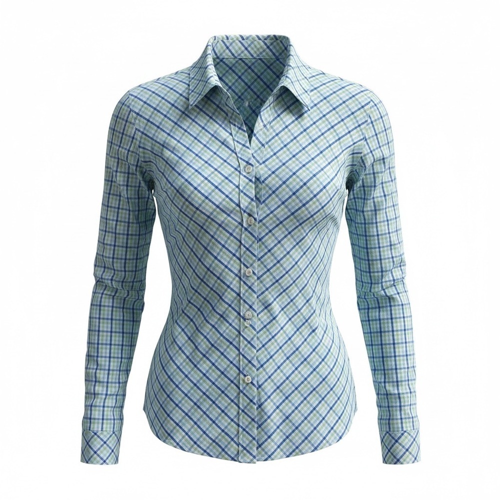 Foxcroft Button-Up Shirt Womens Sz M Blue Green White Plaid Long Sleeve Stretch
